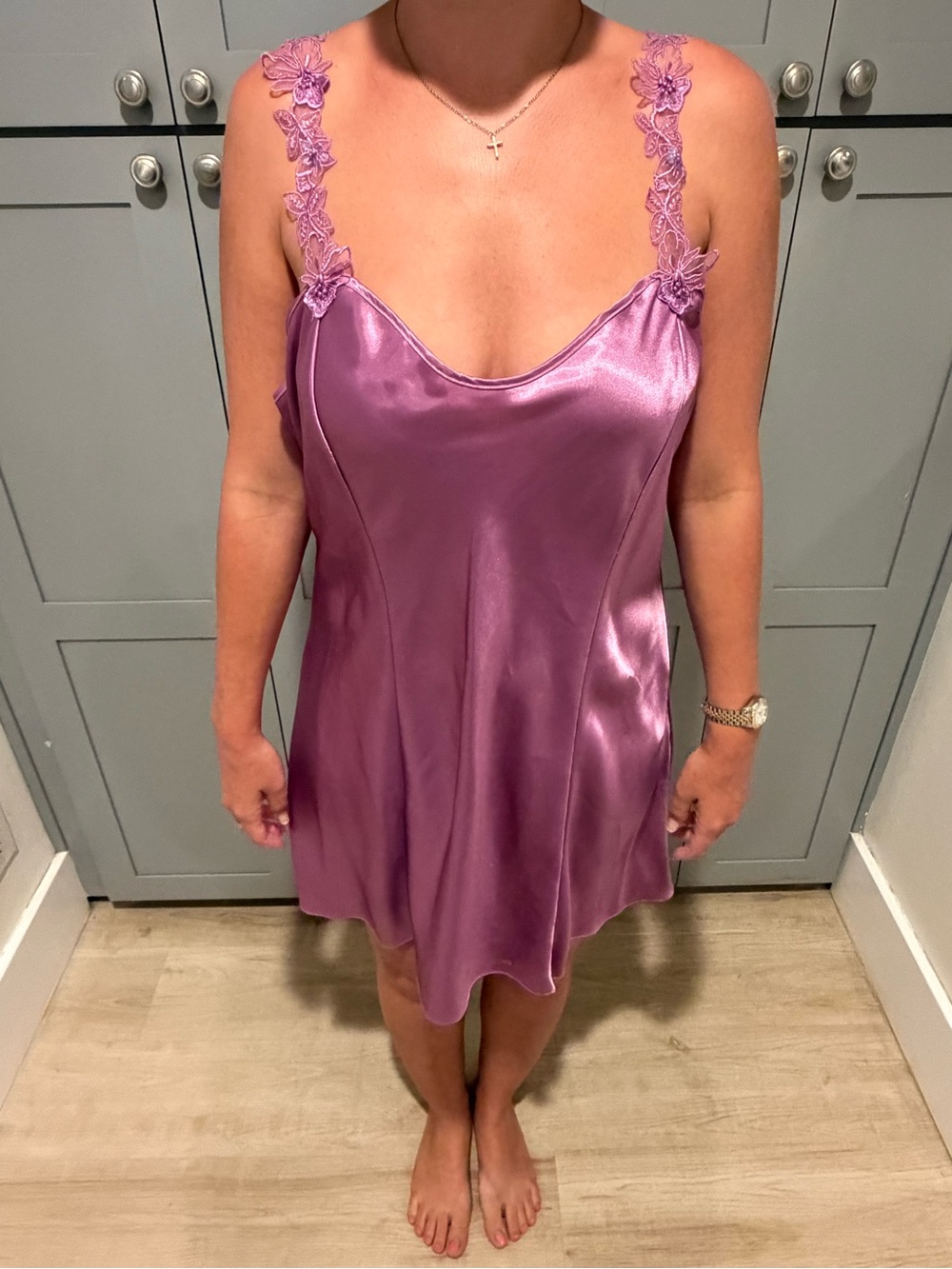 Vintage 1990s California Dynasty Lace-Trim Satin Slip Dress in Lilac